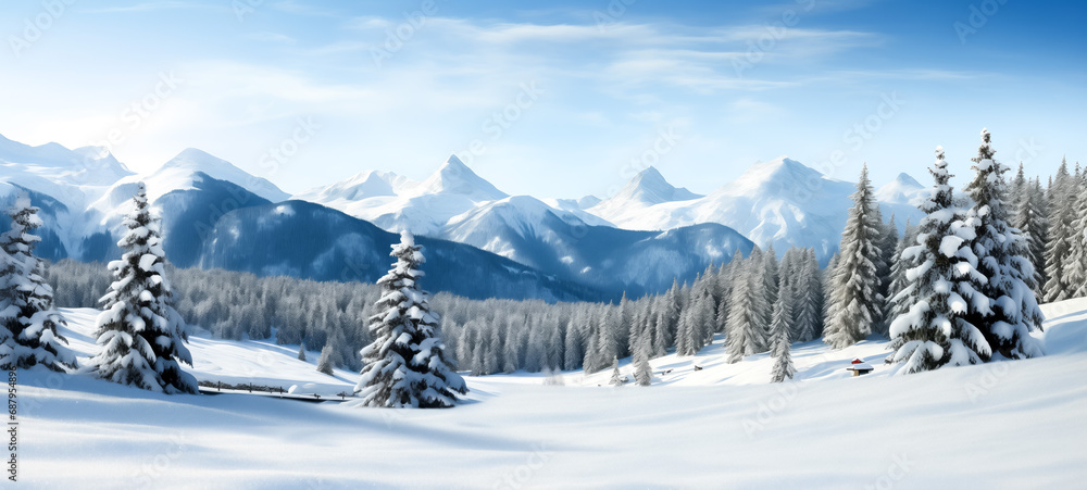 Pristine snow-covered landscape with majestic mountain backdrop