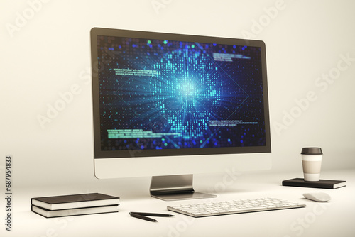 Creative concept of code skull illustration on modern laptop screen. Hacking and phishing concept. 3D Rendering