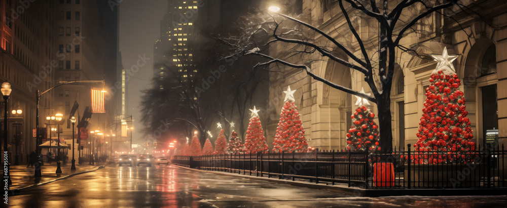 Misty evening with festive christmas trees lining city street