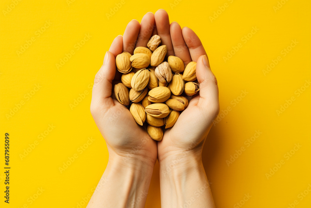 Hand presenting a variety of nuts, displaying a wholesome mix of textures, shapes, and natural goodness for a nutritious snack. Hand presenting a variety of nuts, displaying a wholesome mix of textures, shapes, and natural goodness for a nutritious snack.