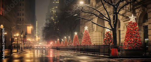 Misty evening with festive christmas trees lining city street