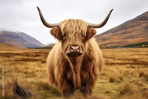 highland cow in the field photo