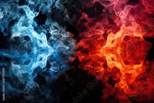 Close up view of two colored smokes against a black background. Ideal for creative projects and graphic designs