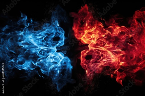 Close up of two colored smokes on a black background. Can be used for artistic projects or to represent contrast and creativity