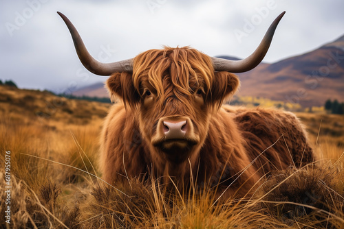 highland cow with horns photo