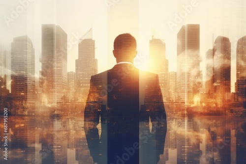 A professional man wearing a suit standing confidently in front of a modern city skyline. Ideal for business and corporate concepts