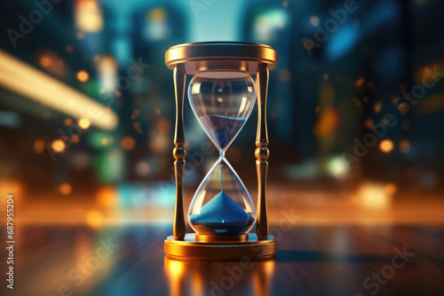 An hourglass sitting on top of a wooden table. Perfect for illustrating the passing of time and the concept of deadlines. Ideal for business, productivity, and time management concepts