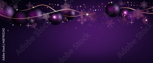 Christmas background with purple balls and snowflakes. Copy space