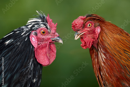 Two roosters headshot isolated on blurred garden background © erwin