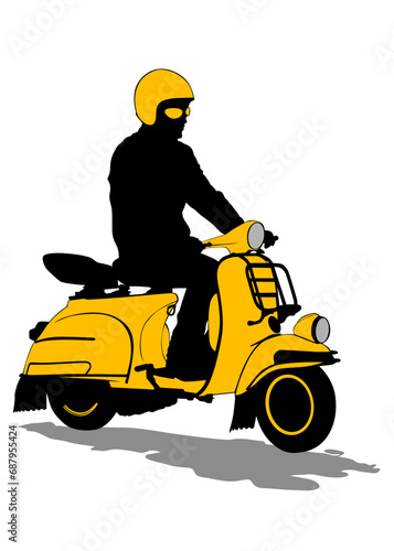 Retro scooter and man white background