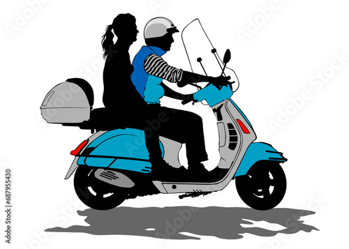 Retro scooter and man white background