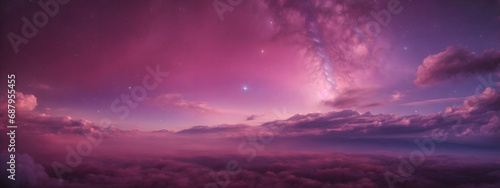 Cosmic Pinkish-Purple Haze Amidst Stars with Defocused Celestial Clouds.