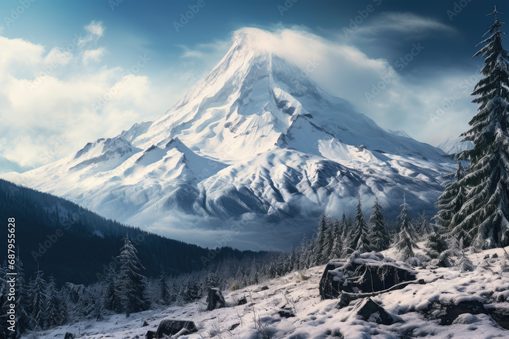 Volcanic Winter Wonderland with Snow-Capped Peaks
