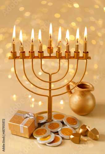 Jewish religious holiday Hanukkah with holiday Hanukkiah. Golden baner