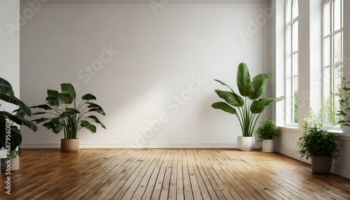 empty white room with a wooden floor and plants