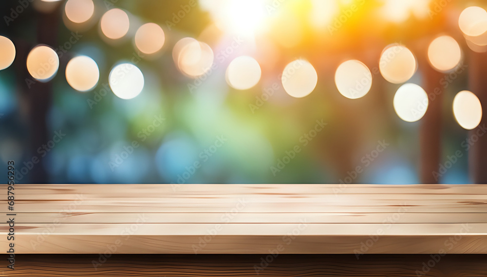 Empty wooden table on abstract toys room store for product presentation - space for a montage showing the product.