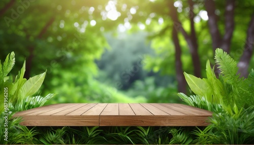 empty wooden tabletop podium in garden open forest blurred green plants background with space organic product presents natural placement pedestal display spring and summer concept