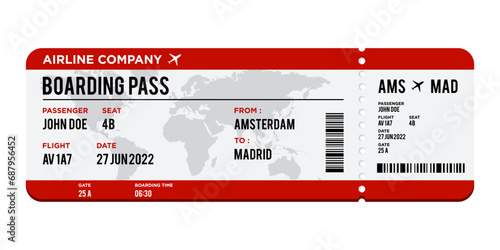 Red and white Airplane ticket design. Realistic illustration of airplane boarding pass with passenger name and destination. Concept of travel, journey or business trip. Isolated on white background