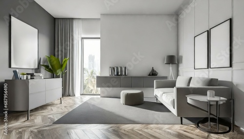 white living room interior with gray cabinet