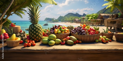 A pile of fruit in a tropical background