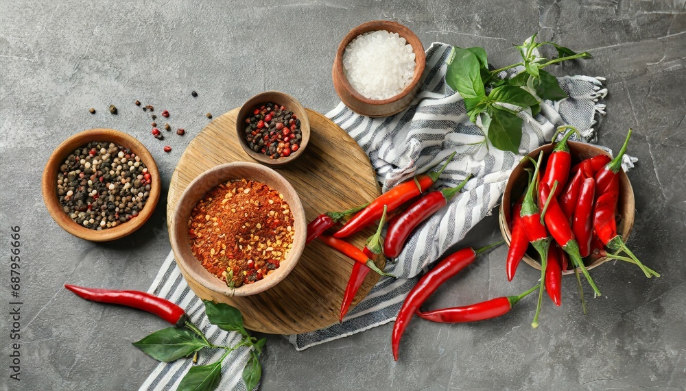 flat lay composition with chili peppers on grey background