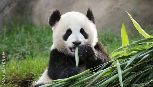 cute panda cub eating a bamboo leaves on background generative ai