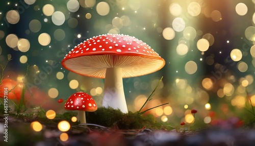 3d render of fly agaric mushroom in a forest with bokeh lights 3d illustration of abstract background with bokeh lights and mushrooms ai generated