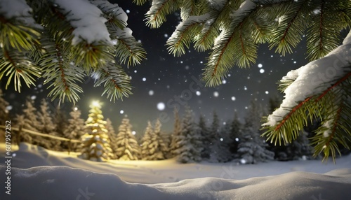 winter night landscape snowy forest and fir branches