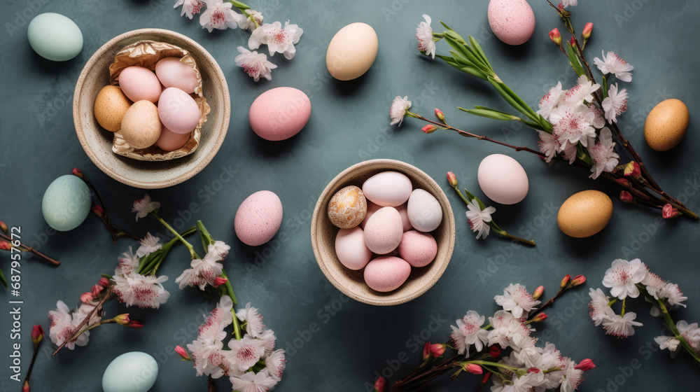 top view of spring composition with easter eggs and spring flowers top view of spring composition with easter eggs and spring flowers