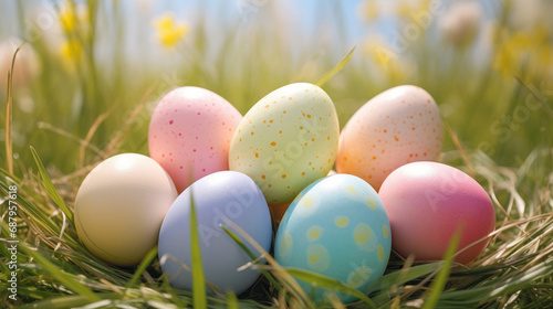 close up of pastel easter eggs in the spring grass