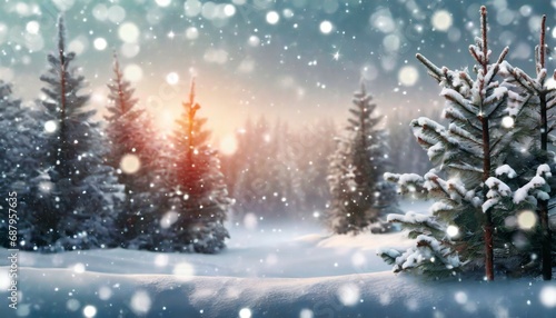 frosty winter landscape in snowy forest christmas background with fir trees and blurred background of winter