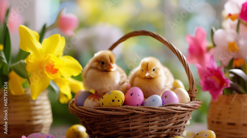 easter basket with pastel easter eggs and two cute chickens