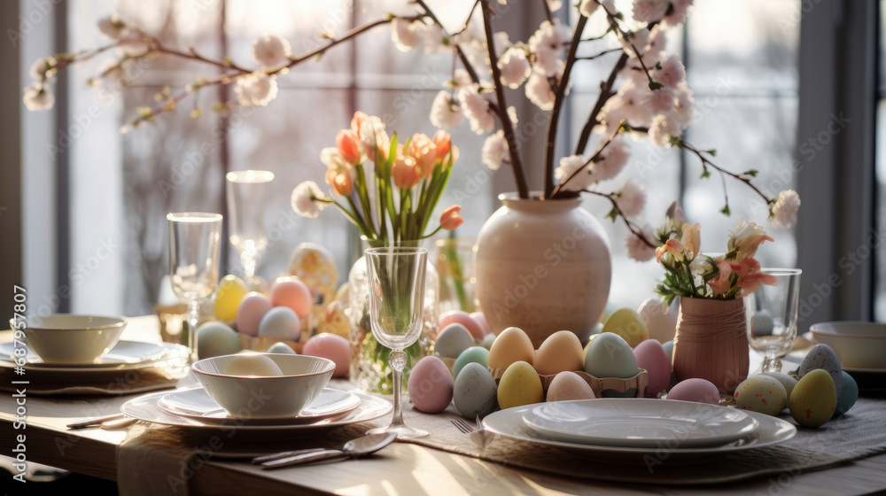 pastel table setting with white plates, spring flowers, and easter eggs in dining room with large window