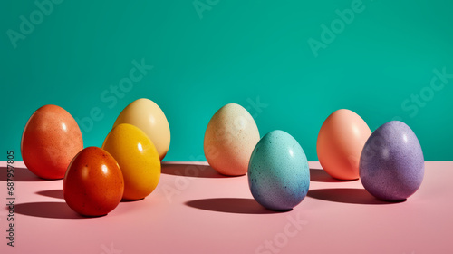 minimalistic still-life composition with a colorful easter eggs on a paper background