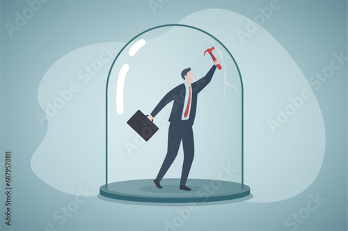 Breaking limits challenge yourself to overcome boundary, effort and strength to break limit, attitude to success, get out of comfort zone for freedom, businessman breaking boundary cover.