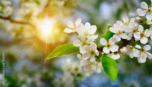 spring blooming white blossoms and sunlight in the sky
