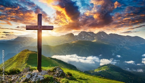 kreuz jesu christi ostern auferstehungskonzept christliches kreuz auf einem hintergrund mit dramatischer beleuchtung farbenfrohem sonnenuntergang in den bergen wolken und himmel generative ai photo
