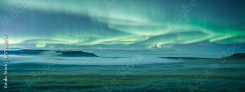 Iridescent Greenish-Blue Mist Over Tundra with Blurred Northern Lights.
