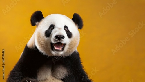 panda looking surprised reacting amazed impressed standing over yellow background