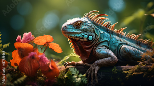 iguana on a rock with flowers   animal in jungle 