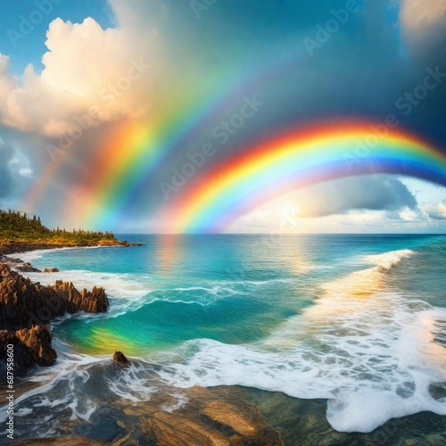 Beautiful sea with a rainbow in the sky. ©    Laiba Rana