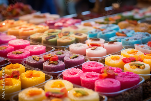  A vibrant display of traditional Indian sweets, or mithai, in a market, showcasing an assortment of cultural flavors and festive treats. 