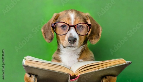 dog with glasses reads a book on a green background with space for text banner copyspace © Nichole