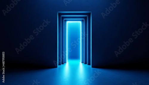 3d render abstract minimalist blue geometric background bright neon light going through the vertical slot doorway portal glowing in the dark photo