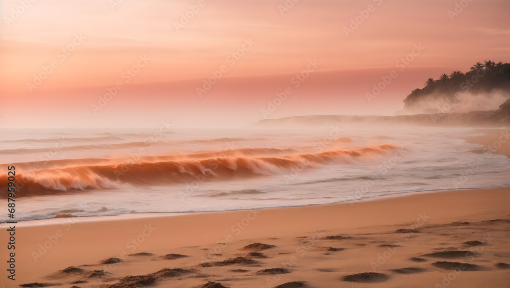 Pinkish-Orange Haze Over Sandy Beach with Blurred Sea Mist.
