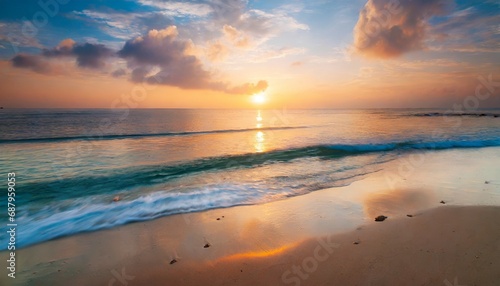 beautiful cloudscape over tropical sea and beach shore sunrise over ocean horizon
