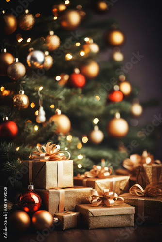 Merry Christmas and Happy New Year background with copy space. Xmas gifts box and Christmas balls, festive bokeh. Design for poster, holiday banner, flyer or greeting card. © ita_tinta_