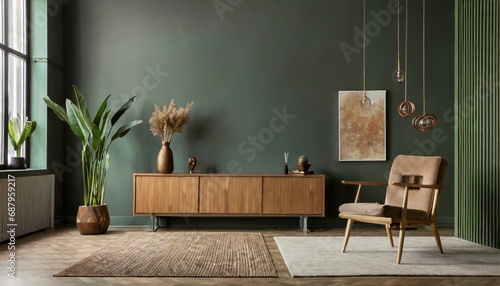 minimalist composition of living room interior with copy space dark wall with stucco wooden sideboard parquet floor rug and personal accessories home decor template photo