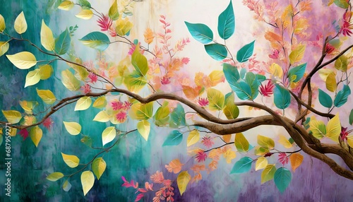 elegant colorful tree with vibrant leaves hanging branches bright color 3d abstraction wallpaper for interior mural painting wall photo