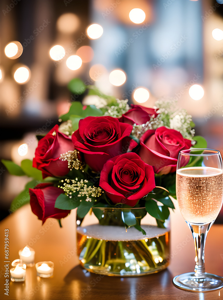 Obraz premium Detailed cozy atmosphere with hearts champagne roses.